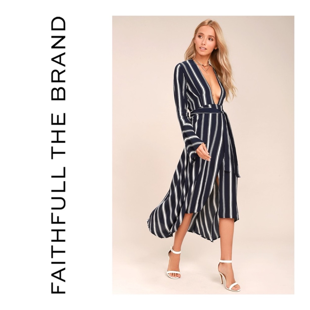 Faithfull the Brand Striped Long Sleeve Dress in Navy and White